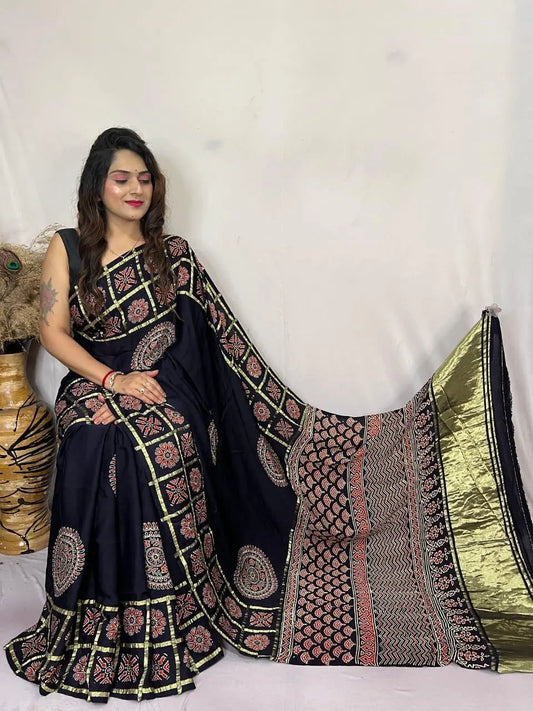 Modal Silk Original Hand Blocked Ajrakh work Lagdi Pallu Saree - Premium  from Ethenika.com  - Just INR 5990! Shop now at Ethenika.com
