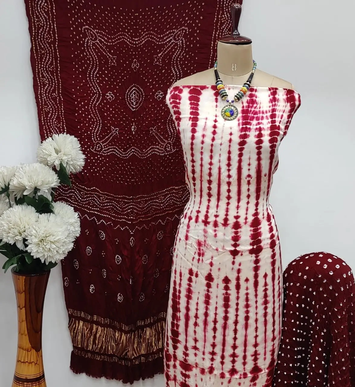 Modal Ghazi Silk White Concept Bandhani Dress Material with Ladgi patta Dupatta - Premium from Ethenika.com - Just INR 5990! Shop now at Ethenika.com