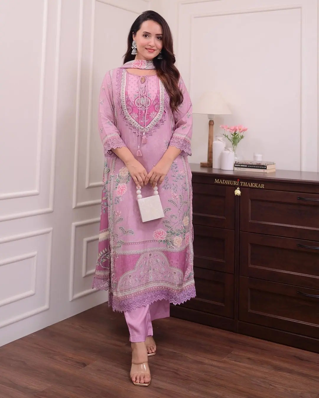 Lilac Muslin Floral Digital Printed Pakistani Kurti Pant Dupatta Set - Premium from Ethenika.com - Just INR 2490! Shop now at Ethenika.com