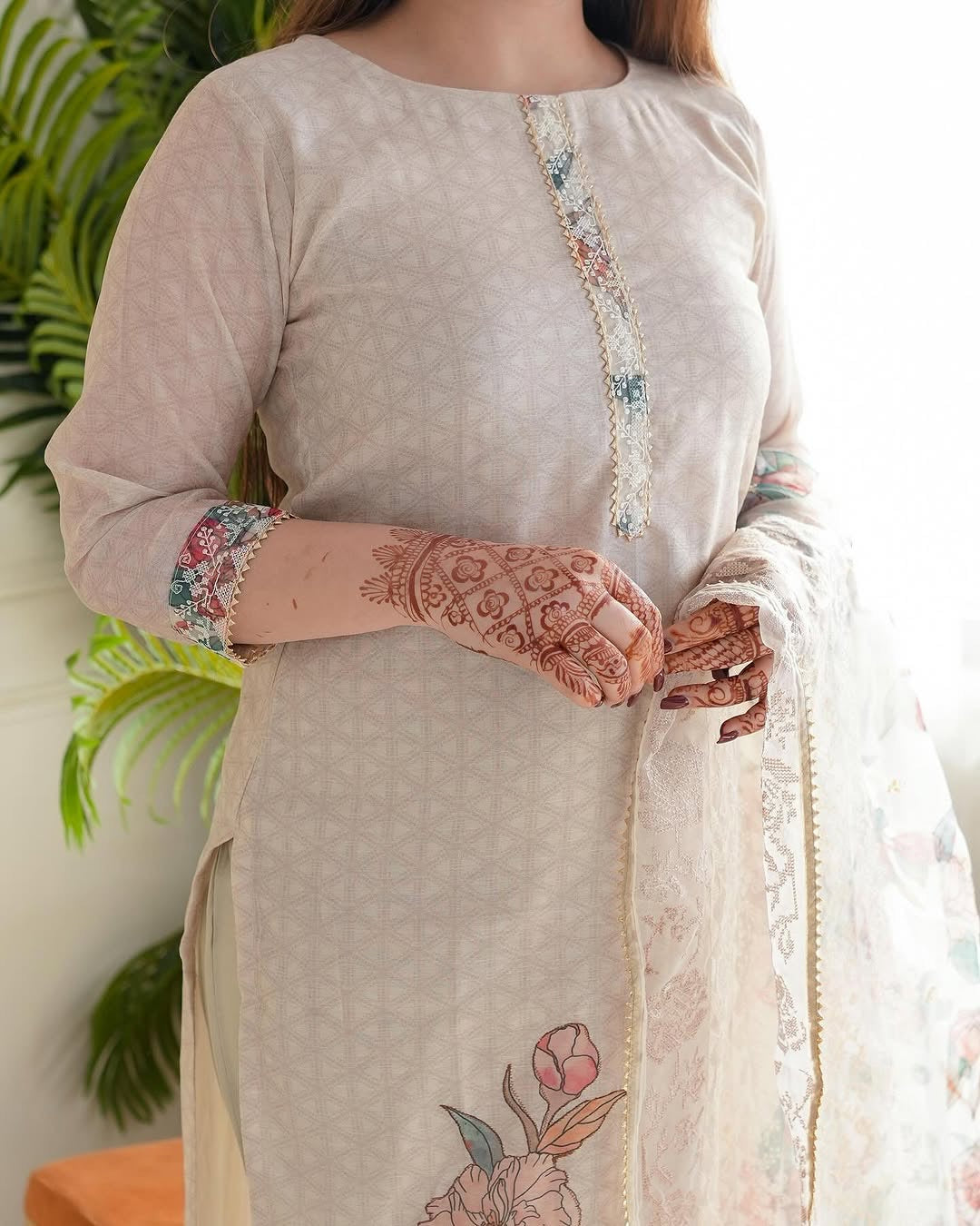 Linen Cotton Digital Floral Print work White Summer Wear Kurti Pant Dupatta Set (Stitched) - Premium from Ethenika.com - Just INR 2490! Shop now at Ethenika.com