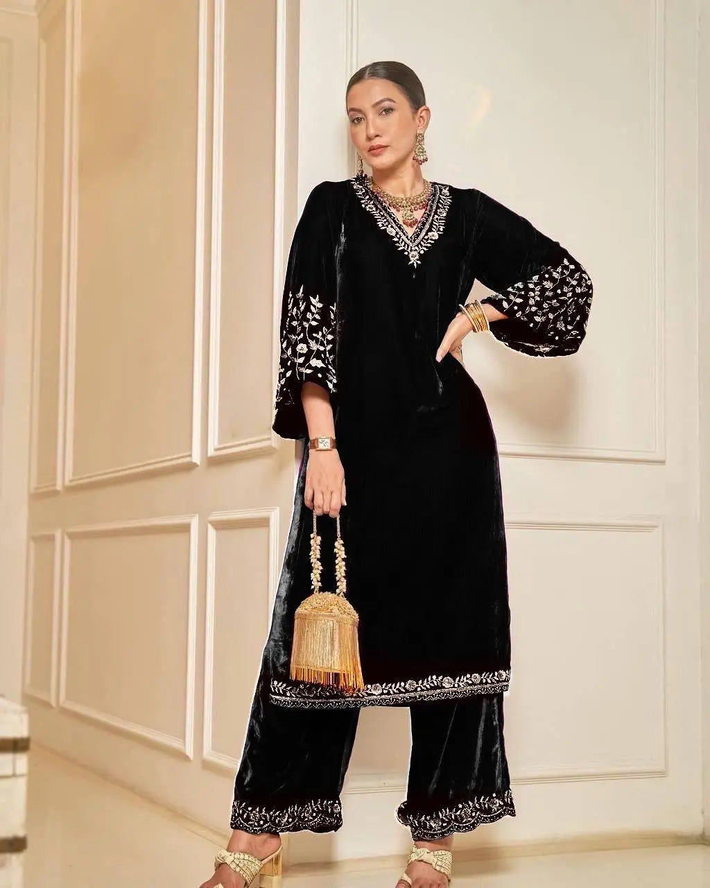 Lace work Velvet Kurti Pant Set ( Stitched) - Premium from Ethenika.com - Just INR 2190! Shop now at Ethenika.com