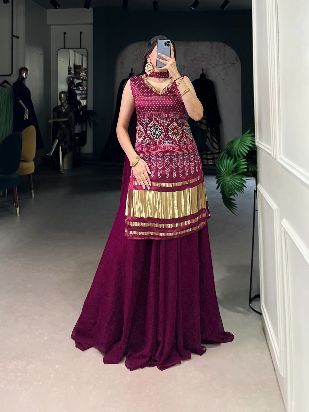 Ghazi Silk Block Print Golden Lagdi Patta work Kurti Palazo Dupatta Set (Ready to Wear) - Premium from Ethenika.com - Just INR 5990! Shop now at Ethenika.com