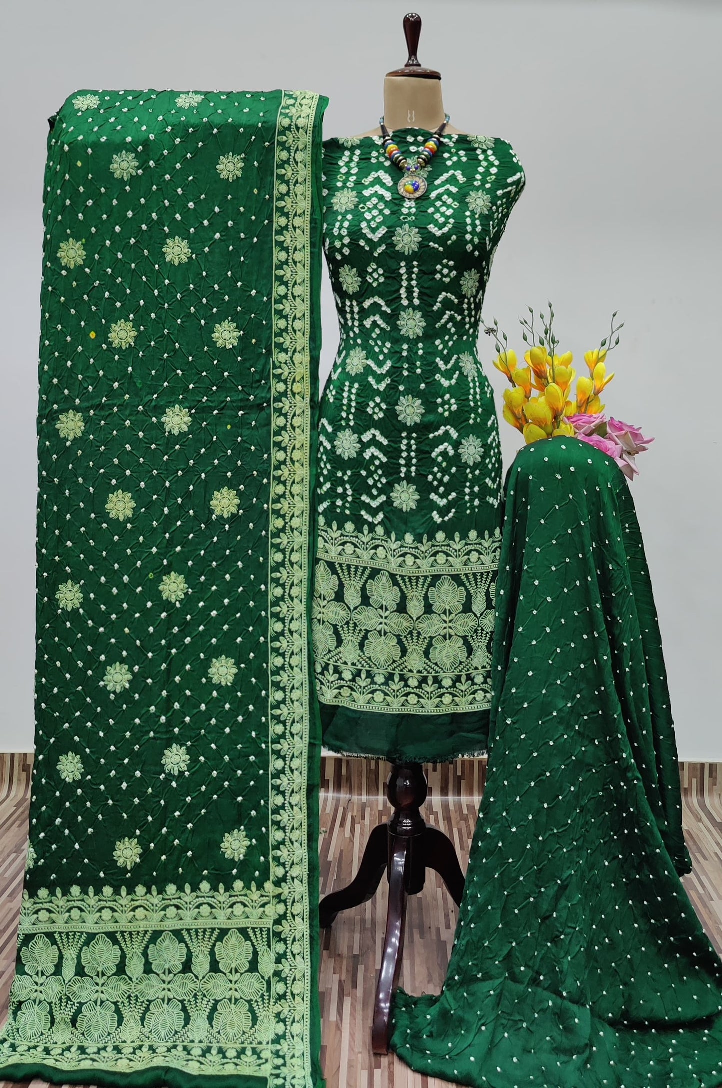 Modal Silk Lakhnavi Thread Embroidery work Bandhani Dress Material (Unstitched) - Premium from Ethenika.com - Just INR 4990! Shop now at Ethenika.com