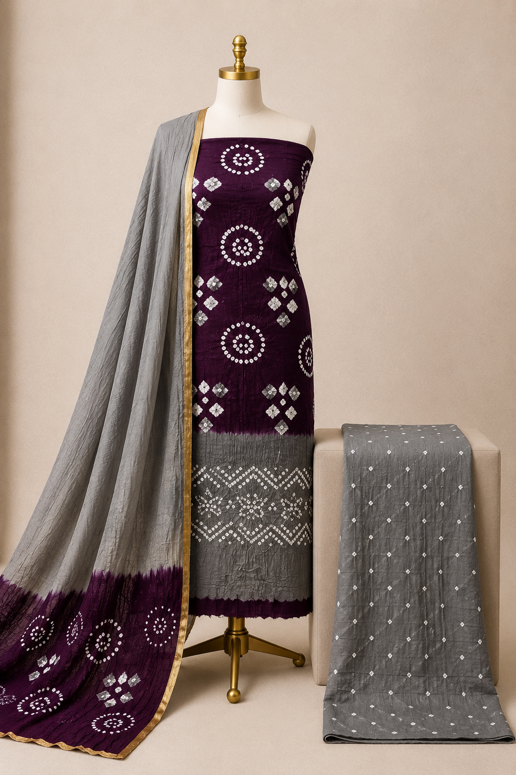 Cotton Satin Wine Bandhani Dress Material