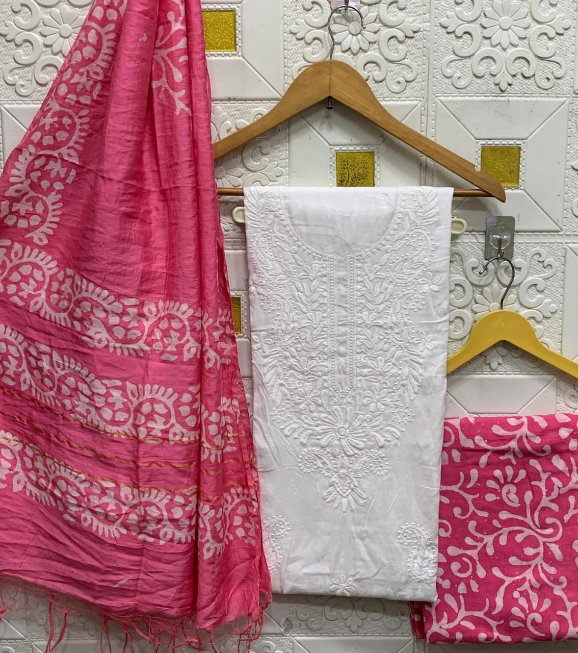 Cotton Lakhnavi Thread work Silk Batik Print Bottom Dupatta Dress Material (Unstitched) - Premium from Ethenika.com - Just INR 1890! Shop now at Ethenika.com