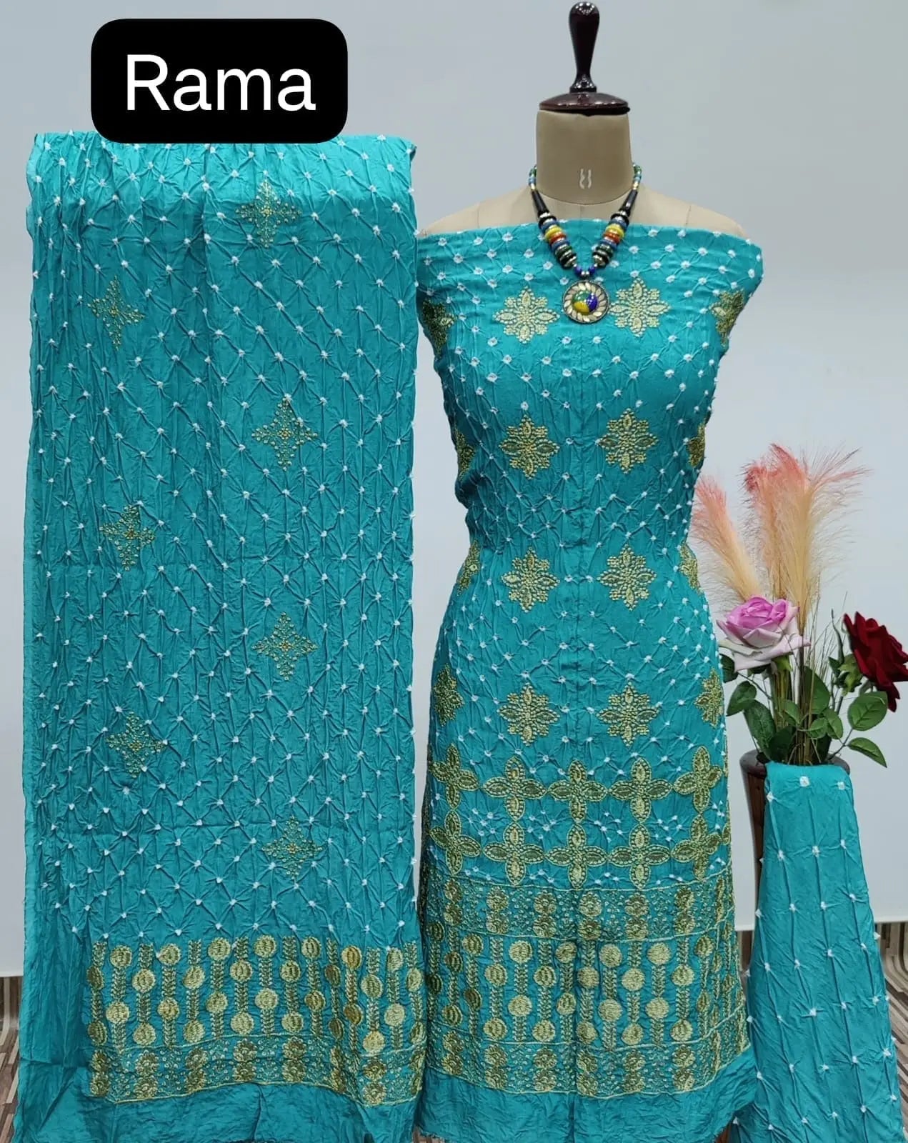 Reyon Embroidery Work Authentic Hand Crafted Kutch Bandhani Dress Material - Premium from Ethenika.com - Just INR 2190! Shop now at Ethenika.com