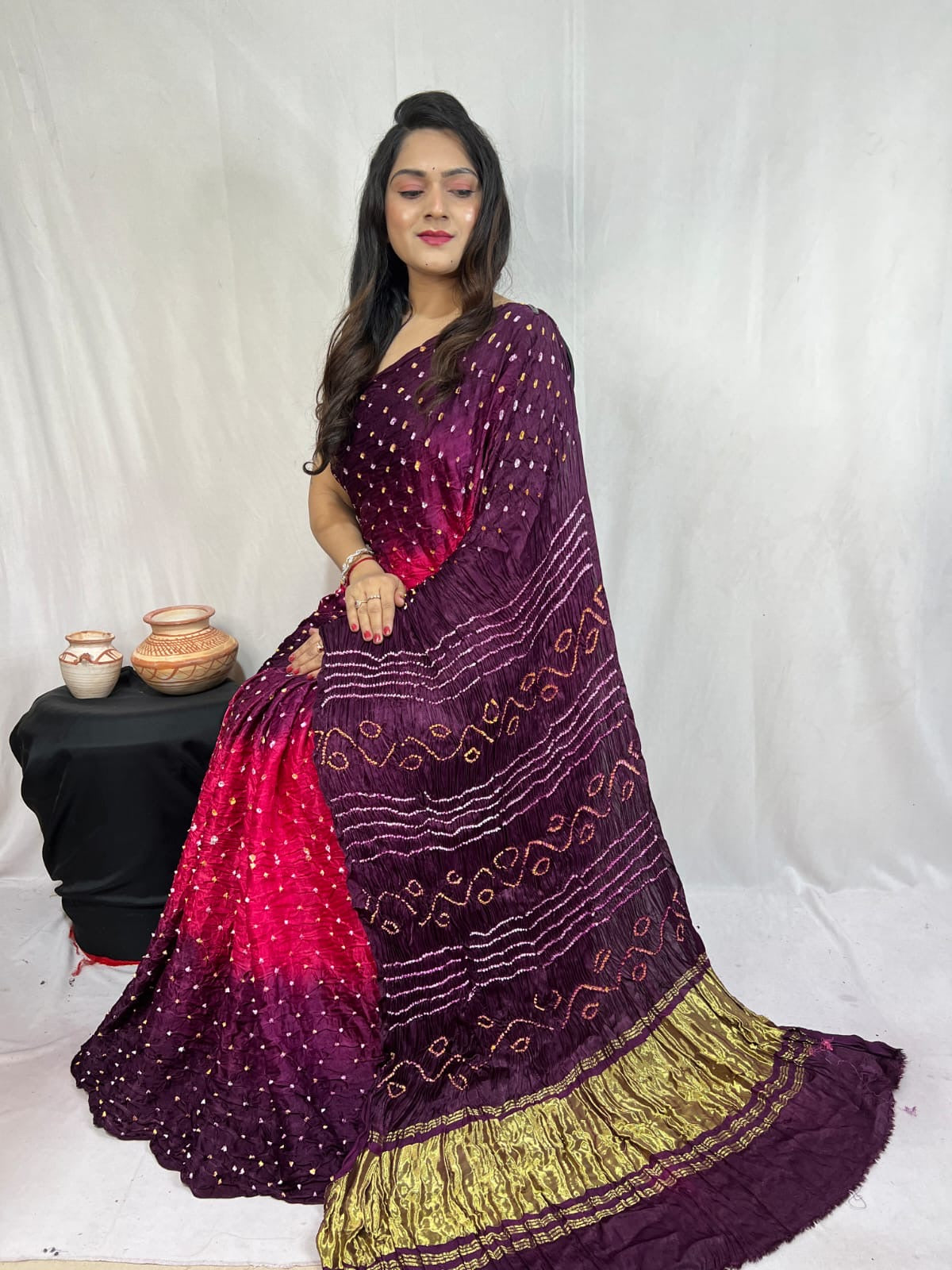 Pure Modal Silk Barik Bandhej work Bandhani Saree - Premium from Ethenika.com - Just INR 5990! Shop now at Ethenika.com
