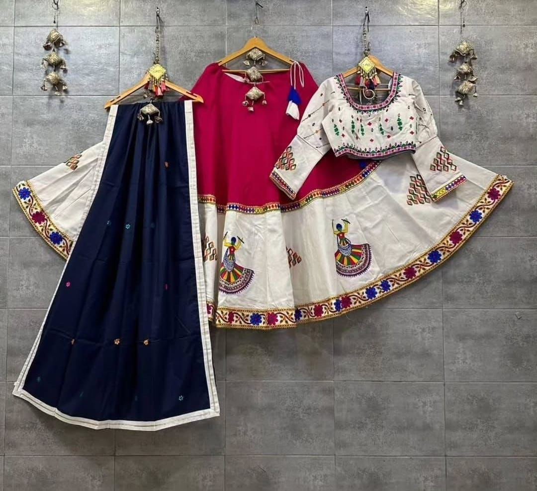 Heavy Khadi Cotton Aari Mirror with Kutchi Embroidery work Navratri Special Chaniya Choli (Ready to Wear)
