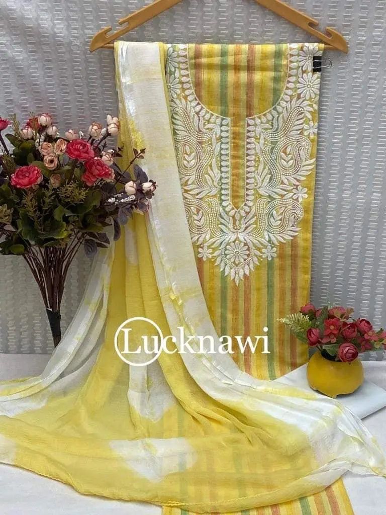 Lucknawis Neck work Embroidery work Stripe pattern Material (Unstitched) Ethenika.com