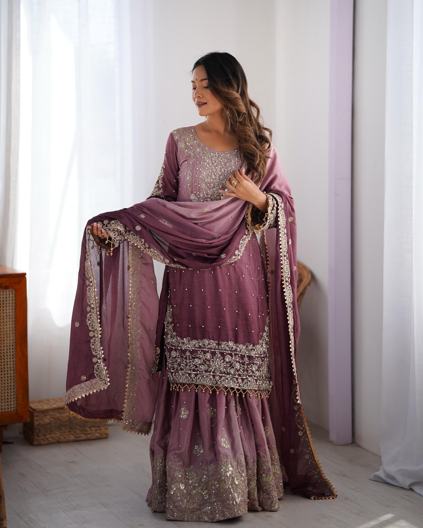 Chinon Silk Sequence Embroidery with Moti Work Kurti Sharar Dupatta Set (Stitched) - Premium from Ethenika.com - Just INR 4990! Shop now at Ethenika.com
