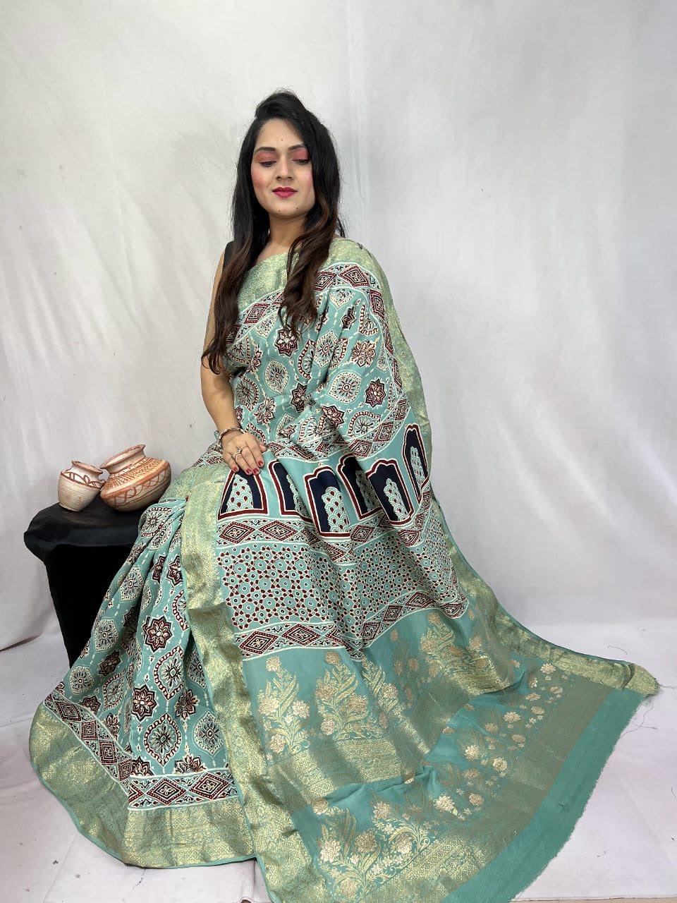 Dola Silk Original Handblocked Ajrakh work Saree - Premium from Ethenika.com - Just INR 6990! Shop now at Ethenika.com