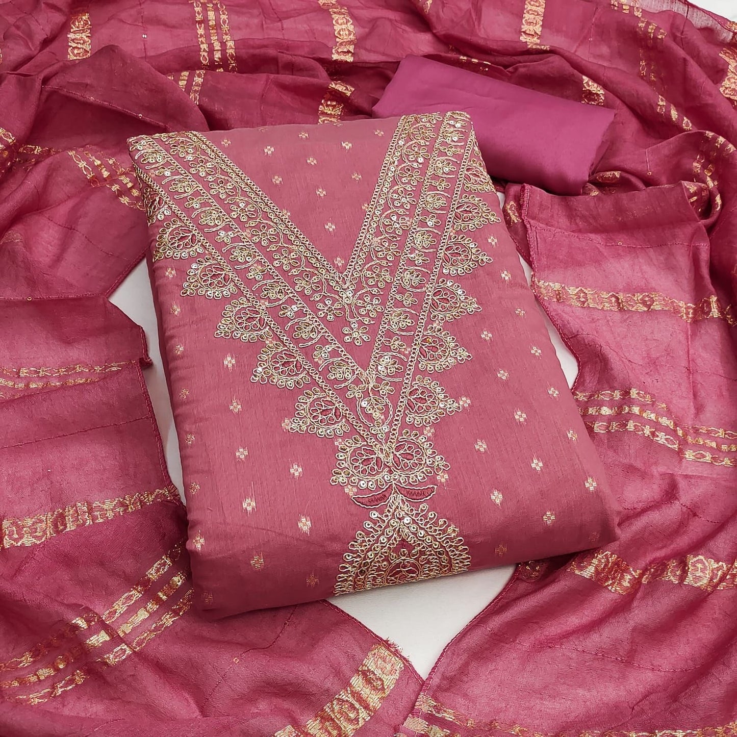 Chanderi Neck Sequence Embroidery Work Dress Material (Unstitched)