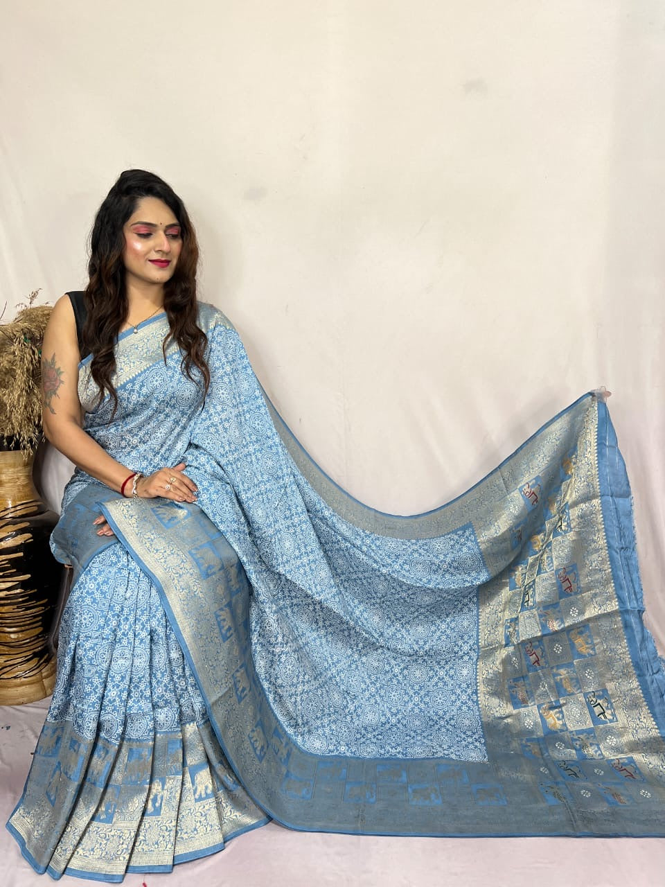 Dola Silk Authentic Hand Crafted Ajrakh Work Saree - Premium from Ethenika.com - Just INR 5990! Shop now at Ethenika.com