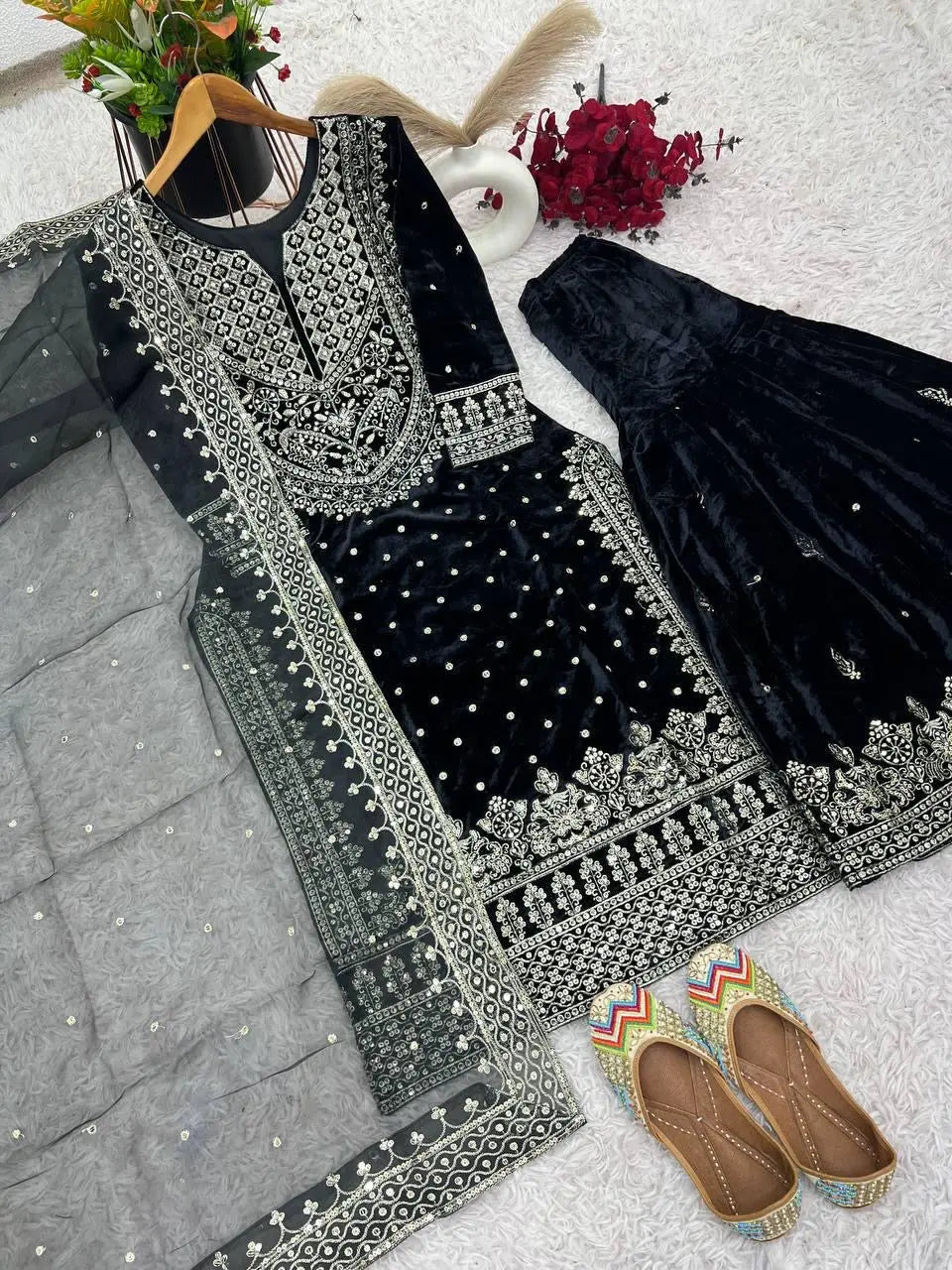 Ethenika Silver Thread Embroidery work Reasdy to wear Velvet Kurti Sharar Set - Premium from Ethenika.com - Just INR 4990! Shop now at Ethenika.com