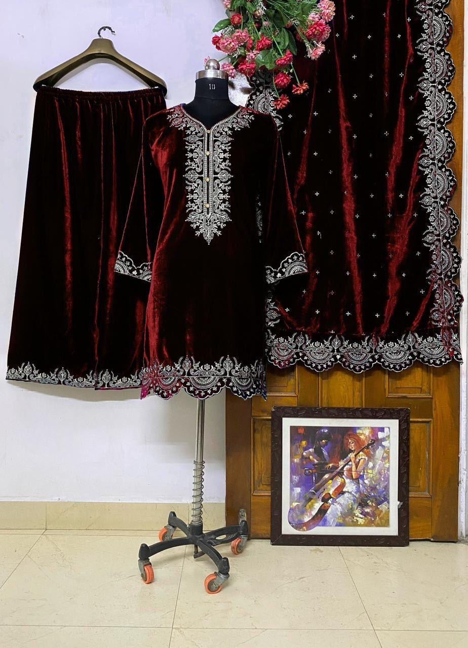 Sequence Neck Embroidery Work Winter Special Designer Velvet Kurti Pant Dupatta Set (Ready to Wear)