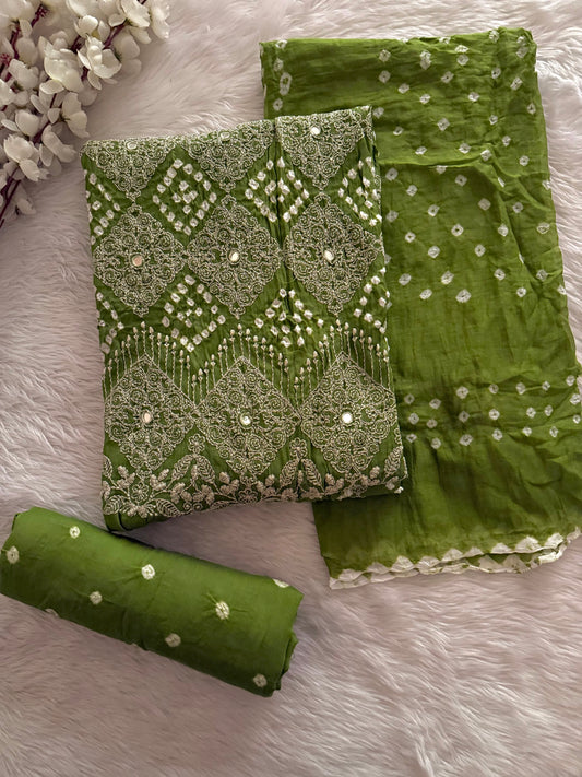 Cotton Lakhnavi Thread Embroidery with Mirror Work Bandhani Dress Material (Unstitched)