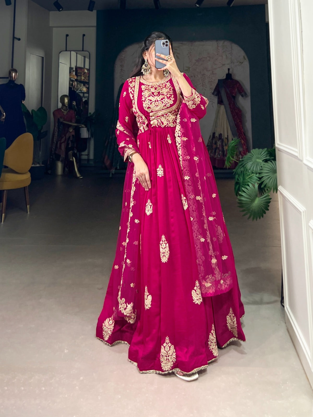 Vachitra Silk Sequence Thread Embroidery Work Gown Dupatta Set (Stitched) - Premium from Ethenika.com - Just INR 4990! Shop now at Ethenika.com