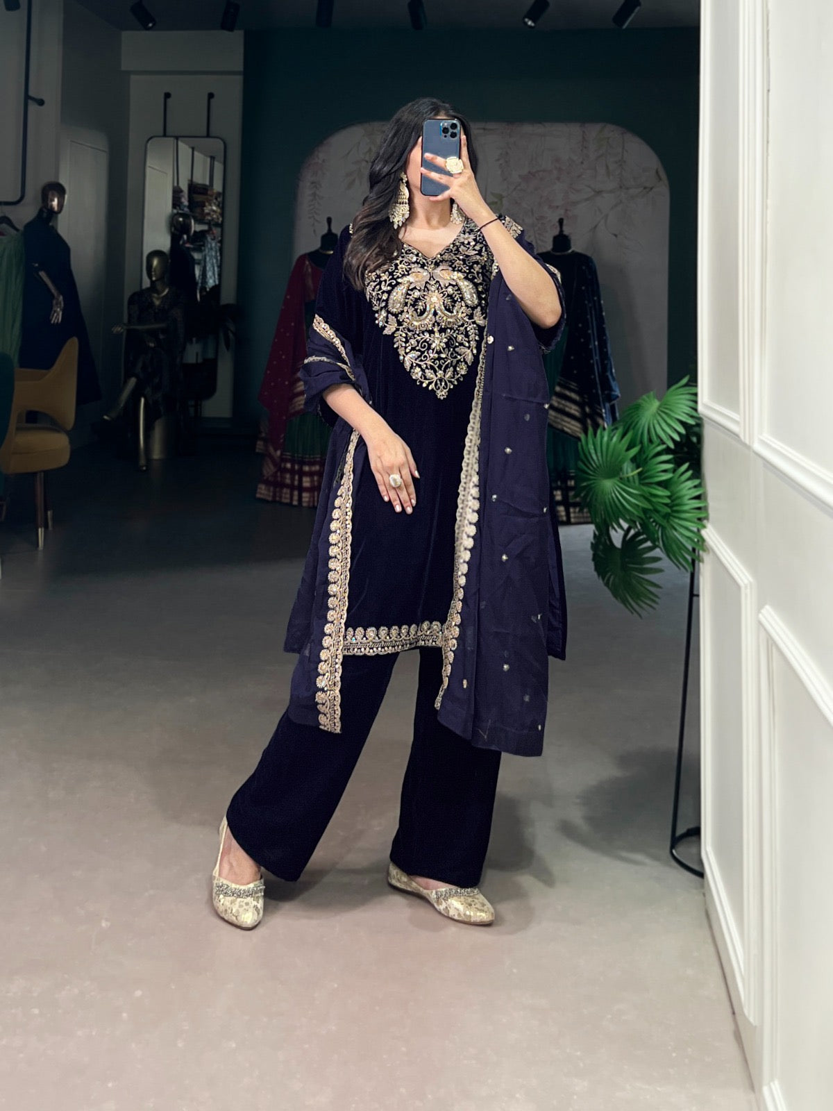 Ethenika Authentic Sequence Embroidery Work Designer Velvet Kurti Pant Dupatta Set (Ready to Wear) - Premium from Ethenika.com - Just INR 4990! Shop now at Ethenika.com