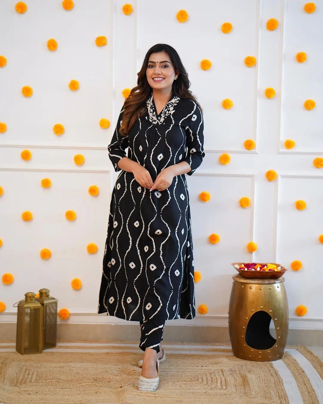 Neckline Thread Work Leheriya Kurti Pant Set (Stitched) - Premium from Ethenika.com - Just INR 1990! Shop now at Ethenika.com