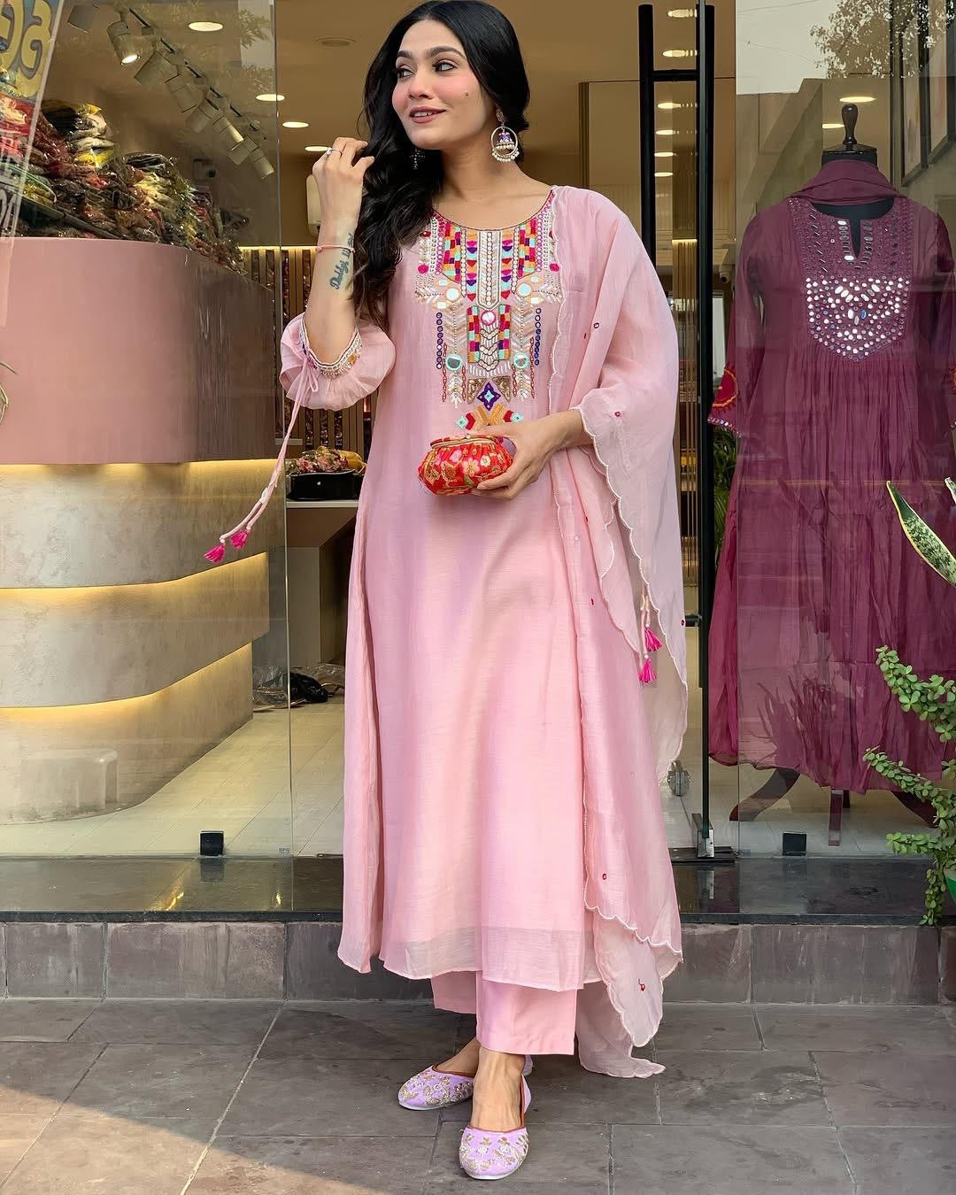 Premium Chanderi Neck Work Summer Special Kurti Pant Dupatta Set (Stitched) - Premium from Ethenika.com - Just INR 1990! Shop now at Ethenika.com