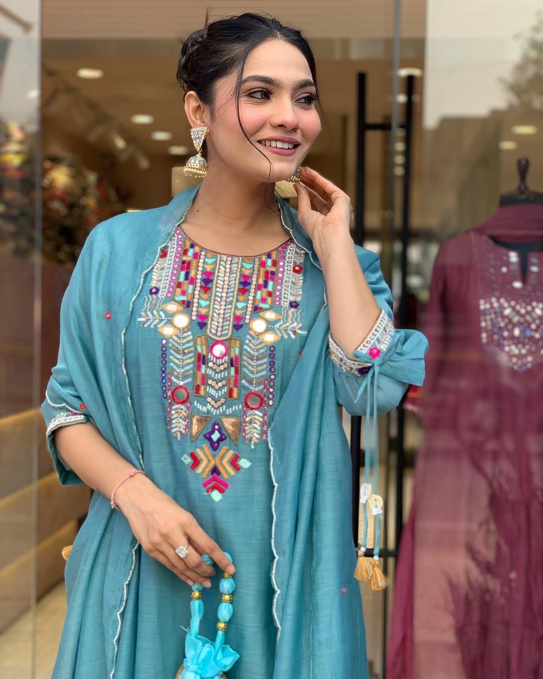 Premium Chanderi Neck Work Summer Special Kurti Pant Dupatta Set (Stitched) - Premium from Ethenika.com - Just INR 1990! Shop now at Ethenika.com