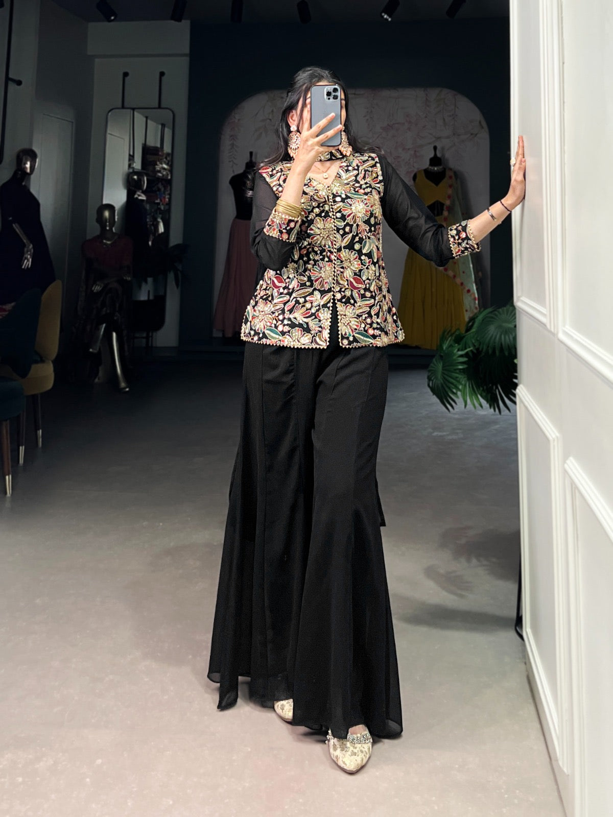 Georgette Threa Embroidery work Black Beauty Kurti Sharara Dupatta Set - Premium from Ethenika.com - Just INR 3990! Shop now at Ethenika.com