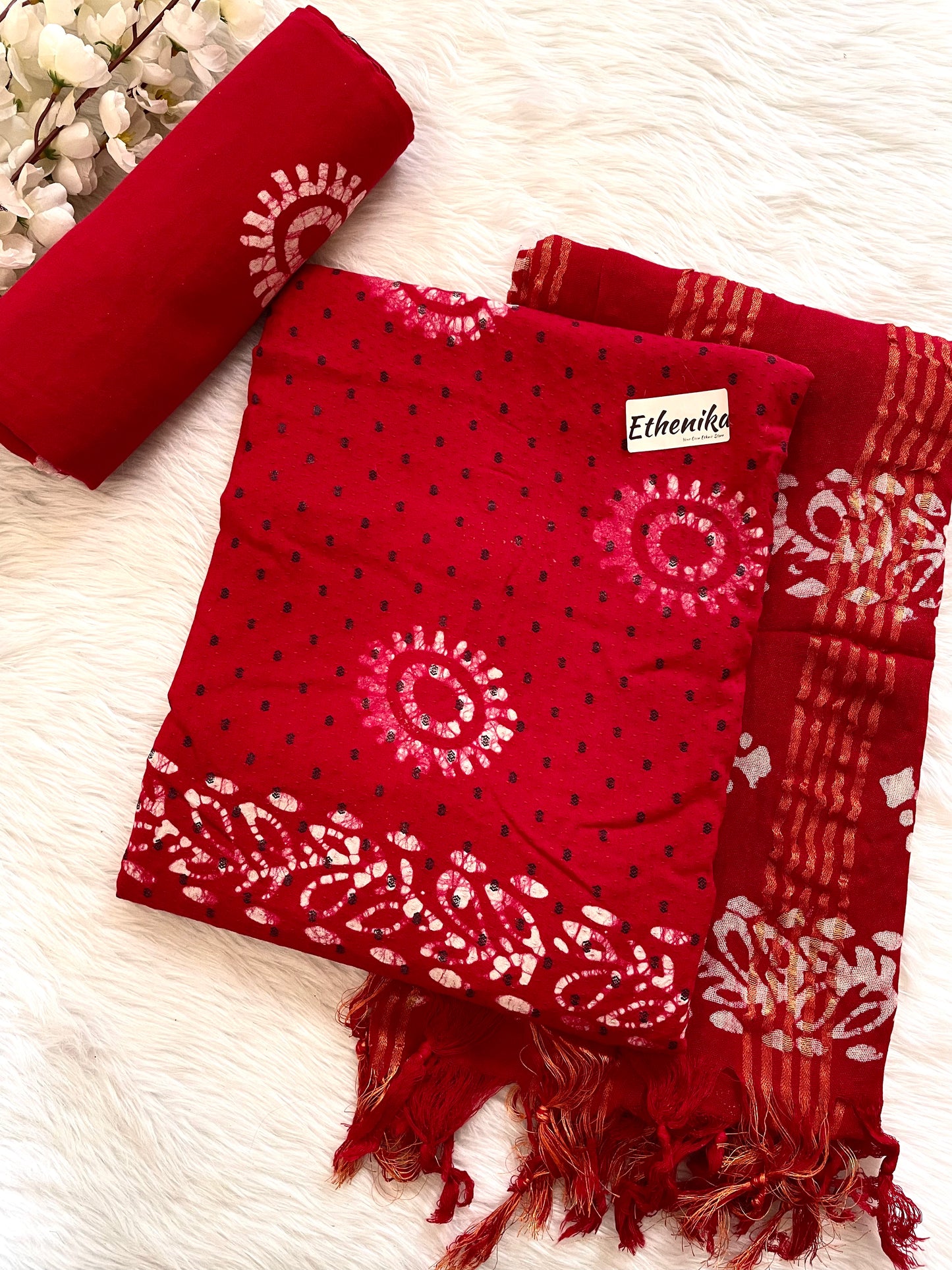Hand Blocked Wax Batik Dress Material with Fumka work Dupatta (Unstitched) - Premium from Ethenika.com - Just INR 1390! Shop now at Ethenika.com