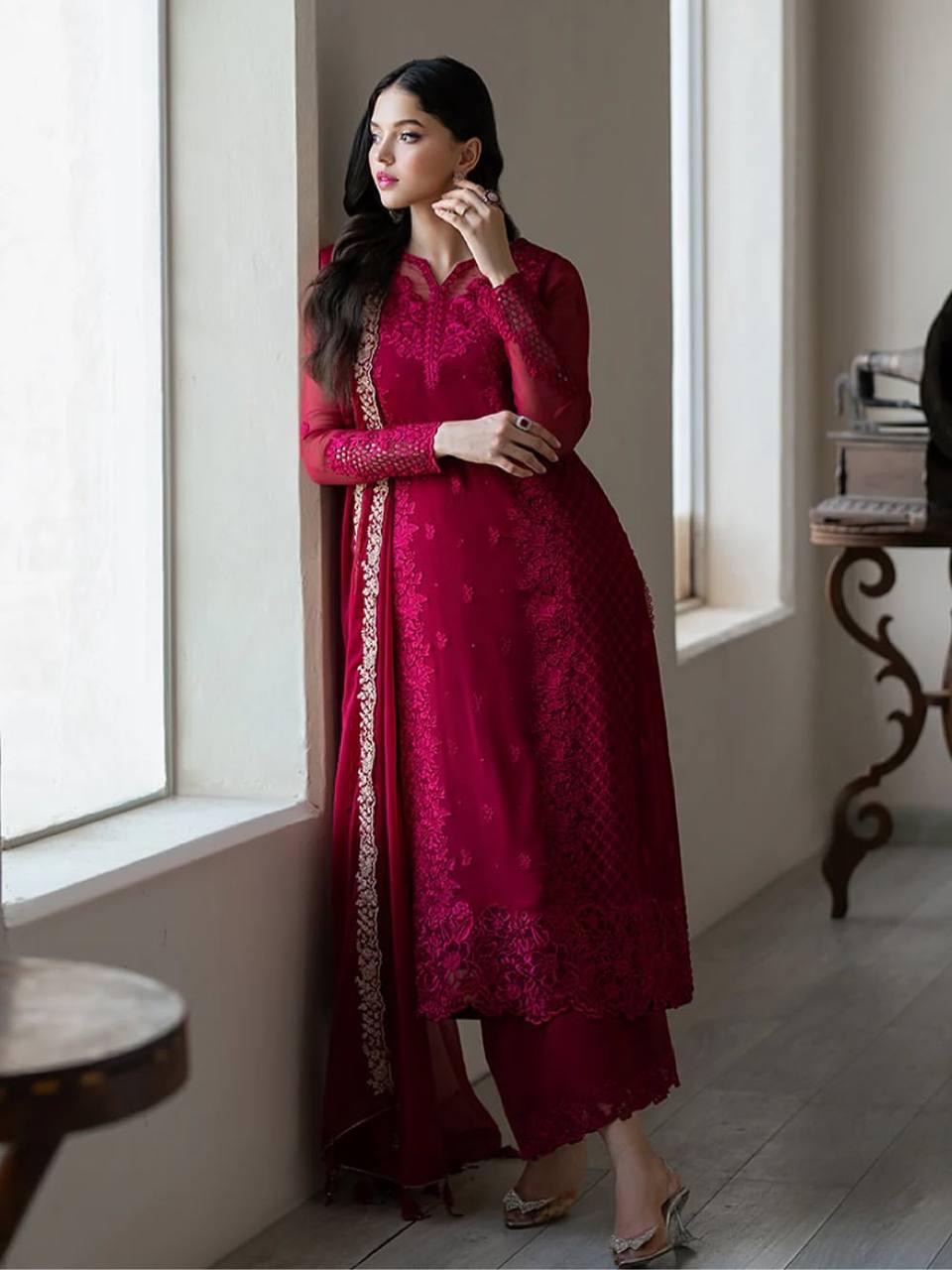 Faux Georgette Sequence Embroidery Work Designer Party Wear Kurti Pant Dupatta Set (Ready to Wear)