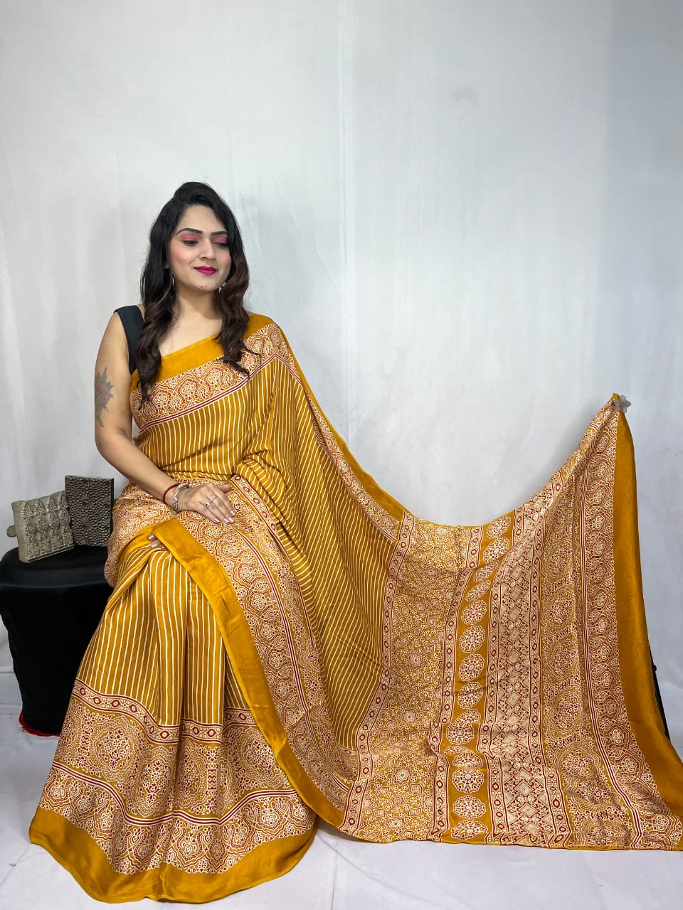 Modal Silk Authentic Hand Blocked Ajrakh work Saree - Premium from Ethenika.com - Just INR 3990! Shop now at Ethenika.com