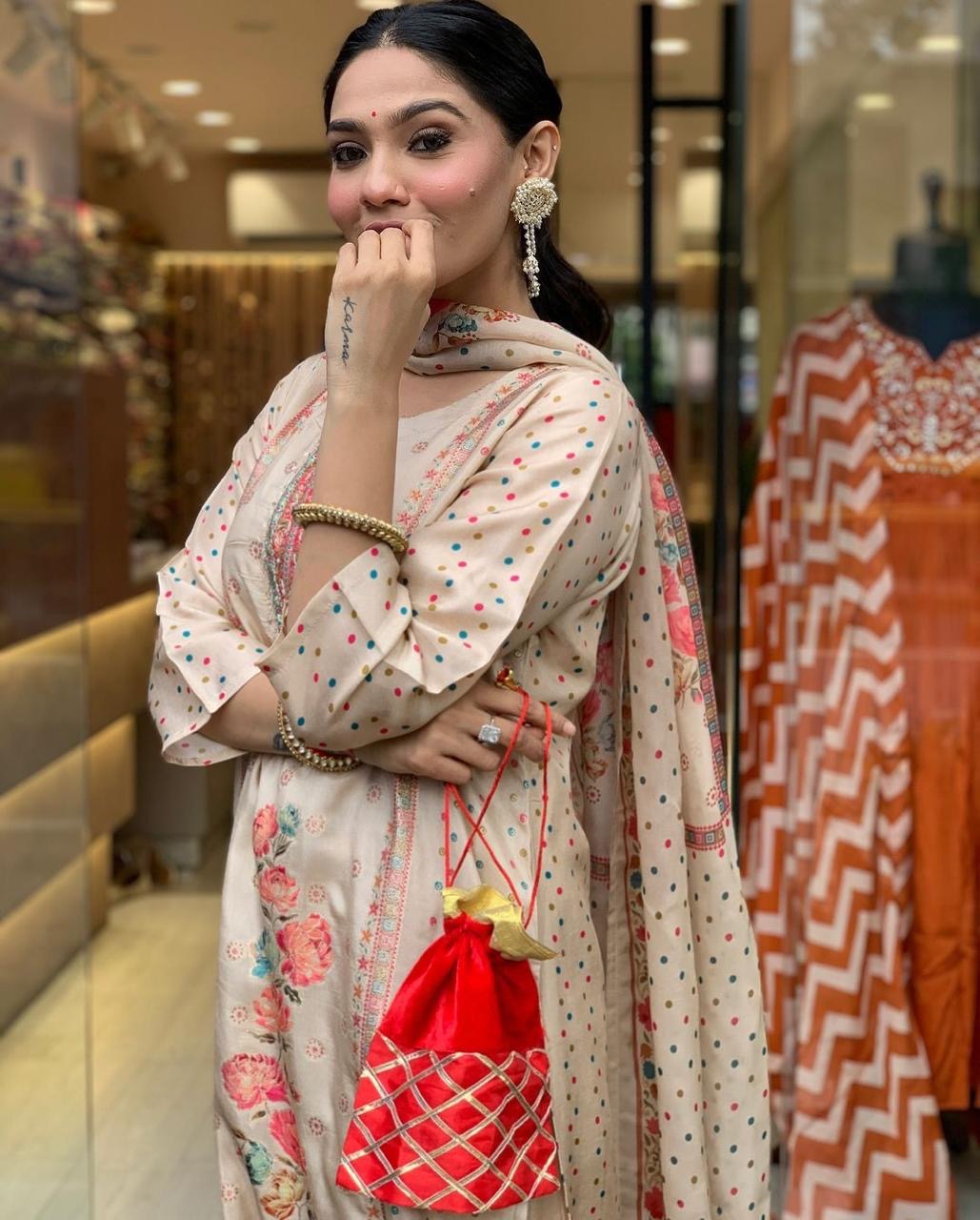 Multicolor Polkadot with Digital Print work Ready to Wear 3 Pc Kurti Pant Dupatta Set (Stitched) - Premium from Ethenika.com - Just INR 2590! Shop now at Ethenika.com