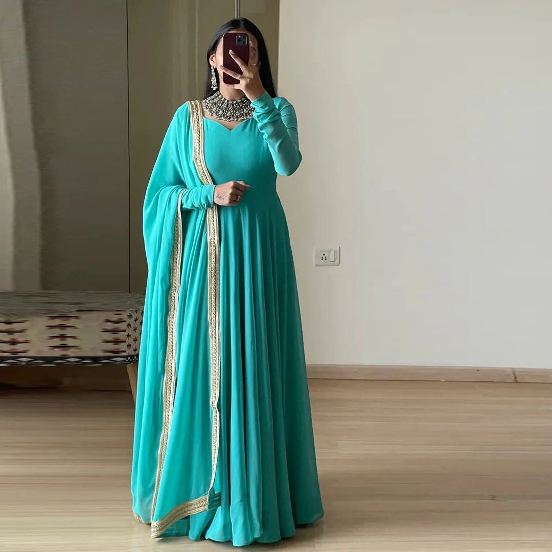 Georgette Attractive Gown Dupatta Set (Stitched) Cyan / XXL(44) Georgette Attractive Gown Dupatta Set (Stitched) Cyan / XXL(44)
