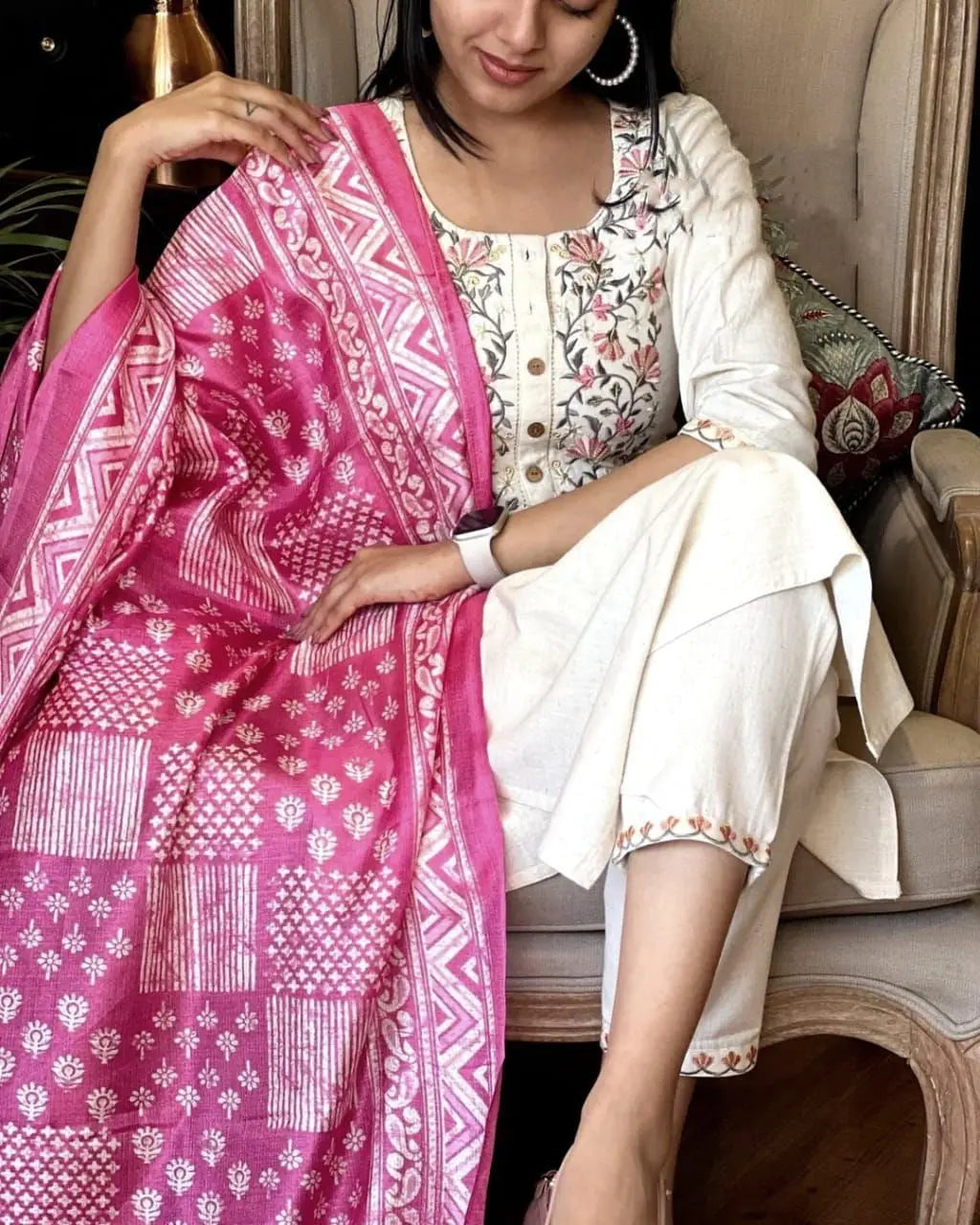 Handloom Khadi Cotton Embroidery work Kurti Pant Dupatta Set (Stitched) - Premium from Ethenika.com - Just INR 1890! Shop now at Ethenika.com