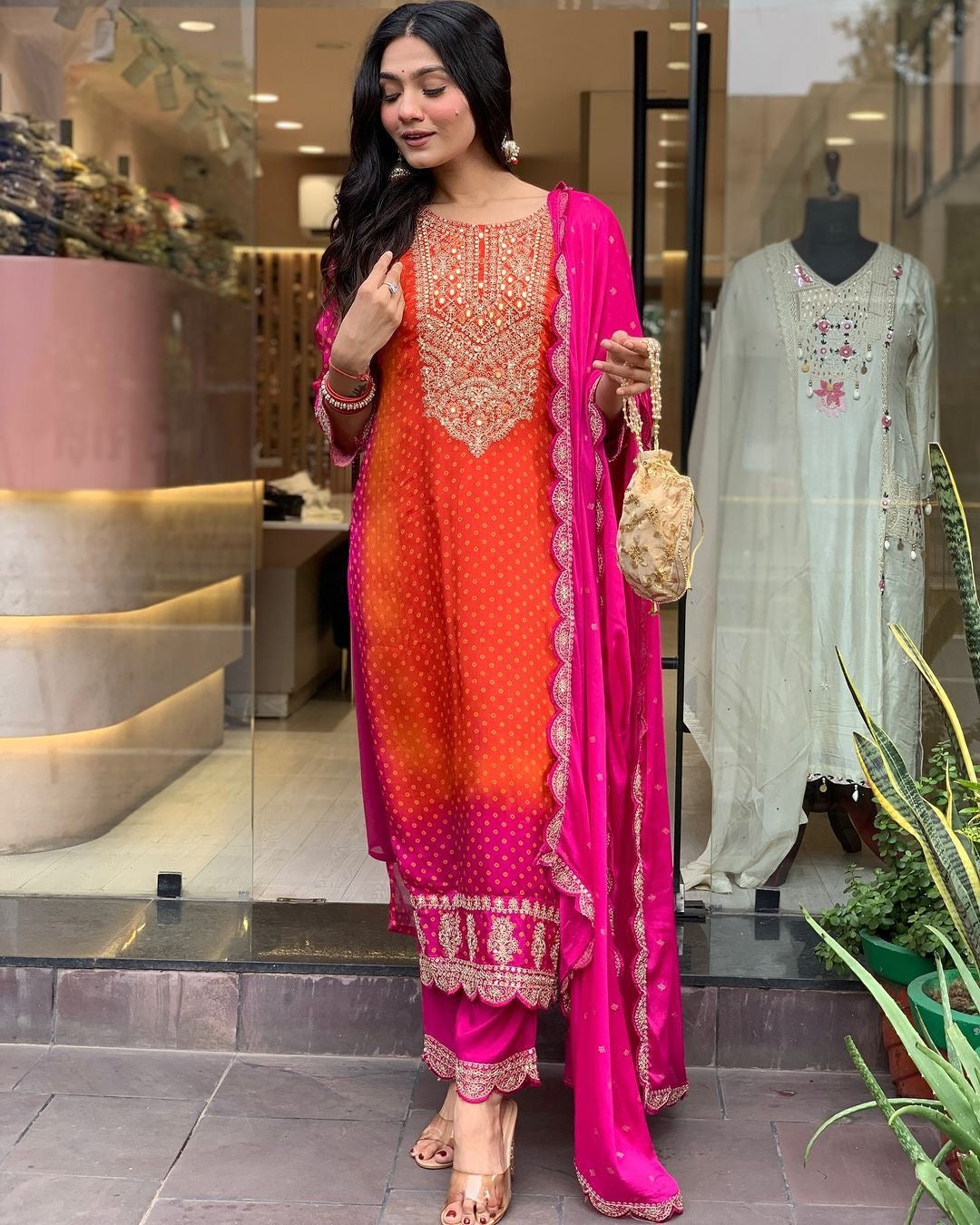 Chinon Digital Bandhani Print with Neck Thread Embroidery work Kurti Pant Dupatta Set(Stitched) - Premium from Ethenika.com - Just INR 2990! Shop now at Ethenika.com