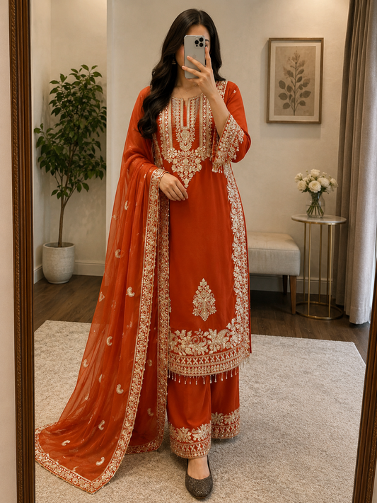 Faux Georgette Sequence Embroidery 3Pc Designer Kurti Pant Dupatta Set (Ready to Wear)