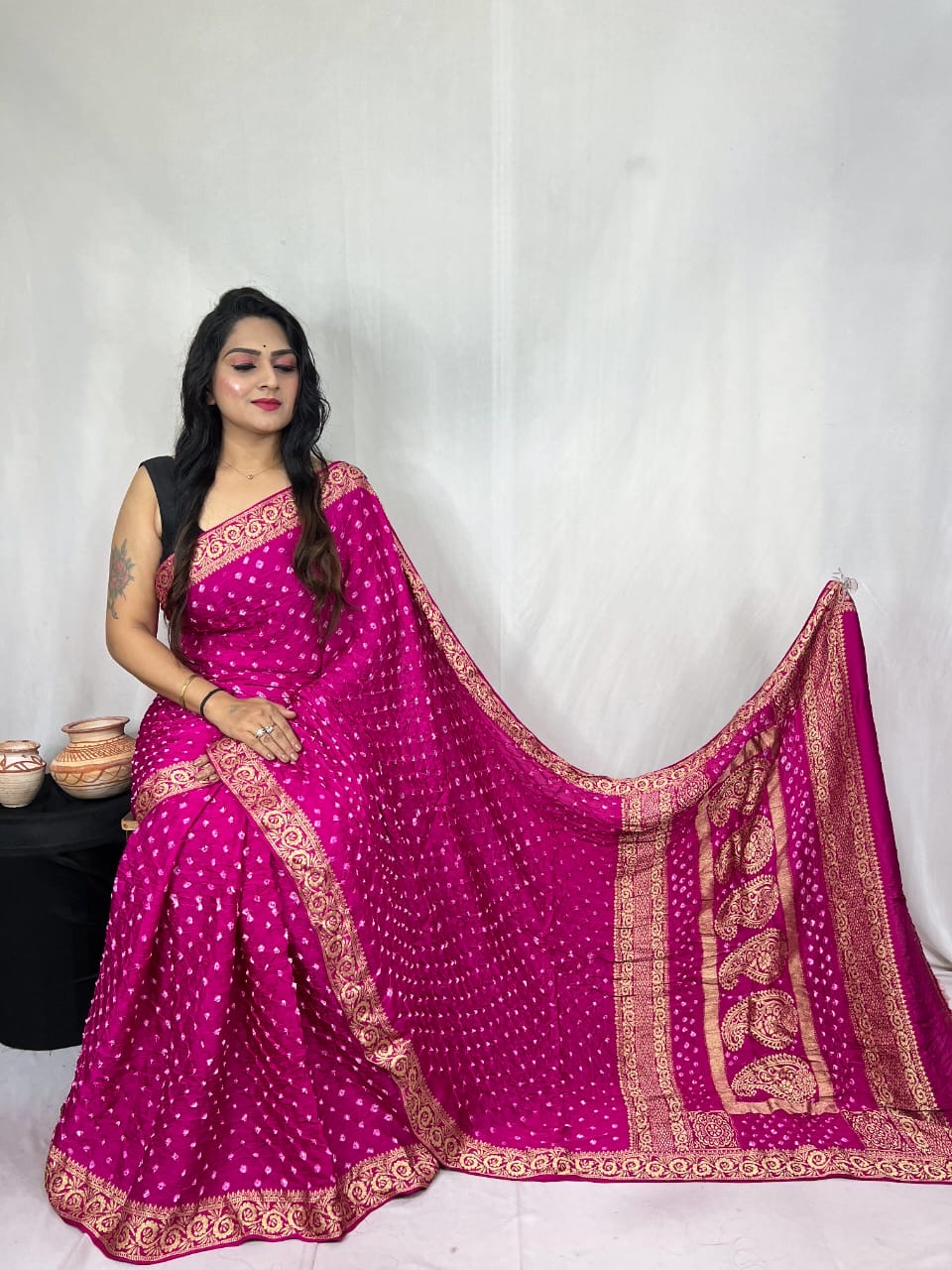 Modal Silk Authentic Hand Crafted Bandhani Saree with Nakshi Border