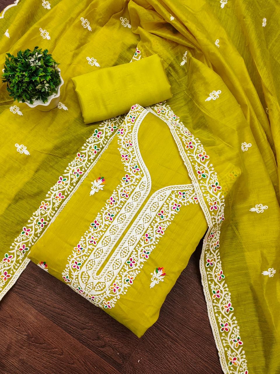 Heavy Chanderi Neck Embroidery work Dress Material (Unstitched) - Premium from Ethenika.com - Just INR 0! Shop now at Ethenika.com
