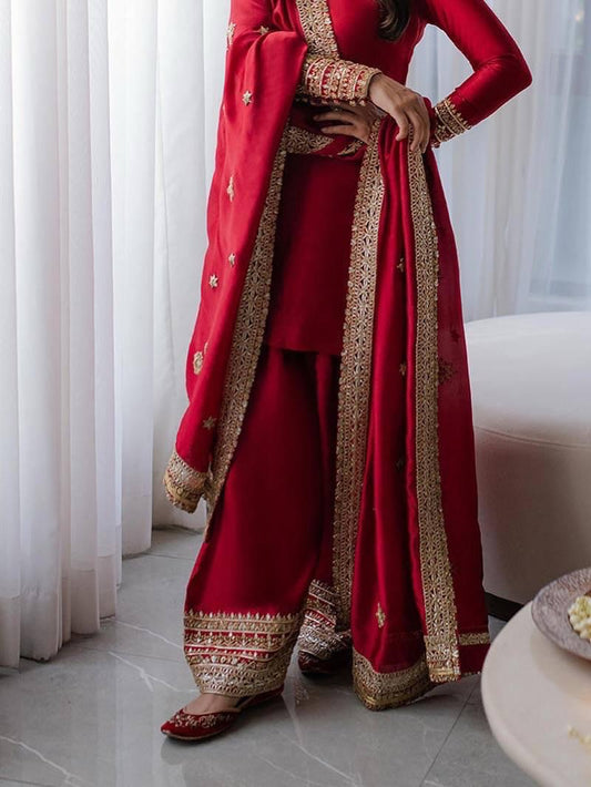 Rangoli Silk Karwa Chauth Special Designer Kurti Palazzo Dupatta Set (Ready To Wear)