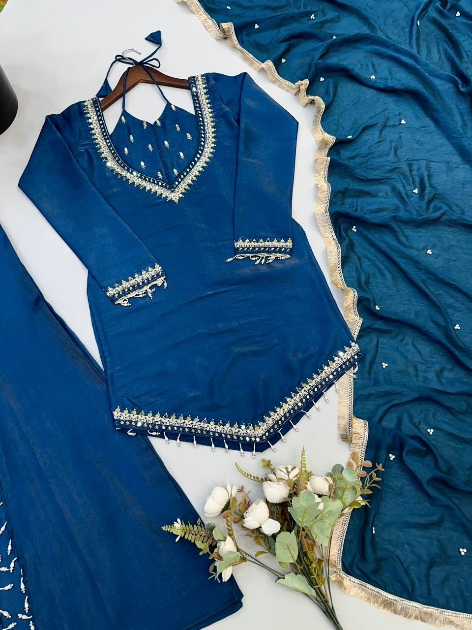 Roman Glass Silk Mirror Work Designer Kurti Palazzo Dupatta Set (Ready to Wear)