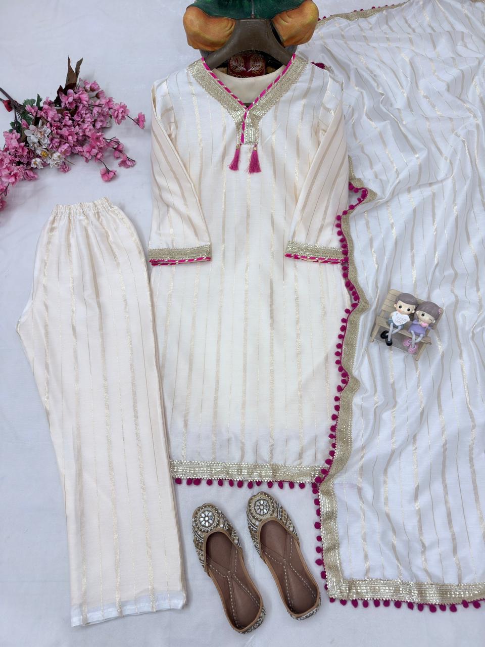 Chanderi Silk Fancy Lace Work with latkan Kurti Palazzo Dupatta Set