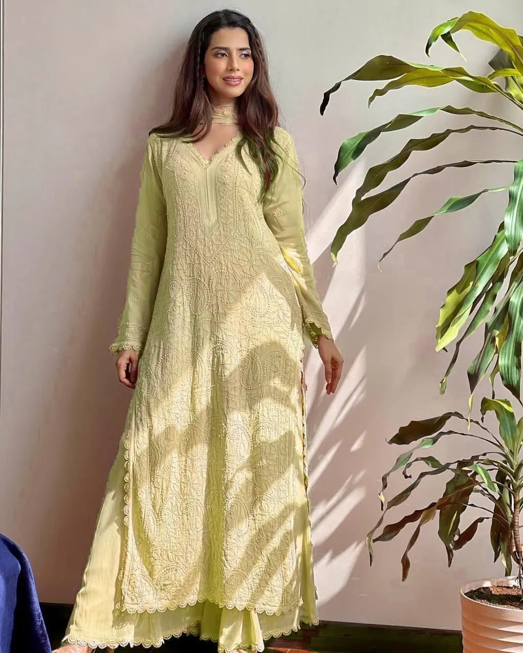 Chikankari work Faux Georgette Kurti Palazzo Set - Premium from Ethenika.com - Just INR 2590! Shop now at Ethenika.com