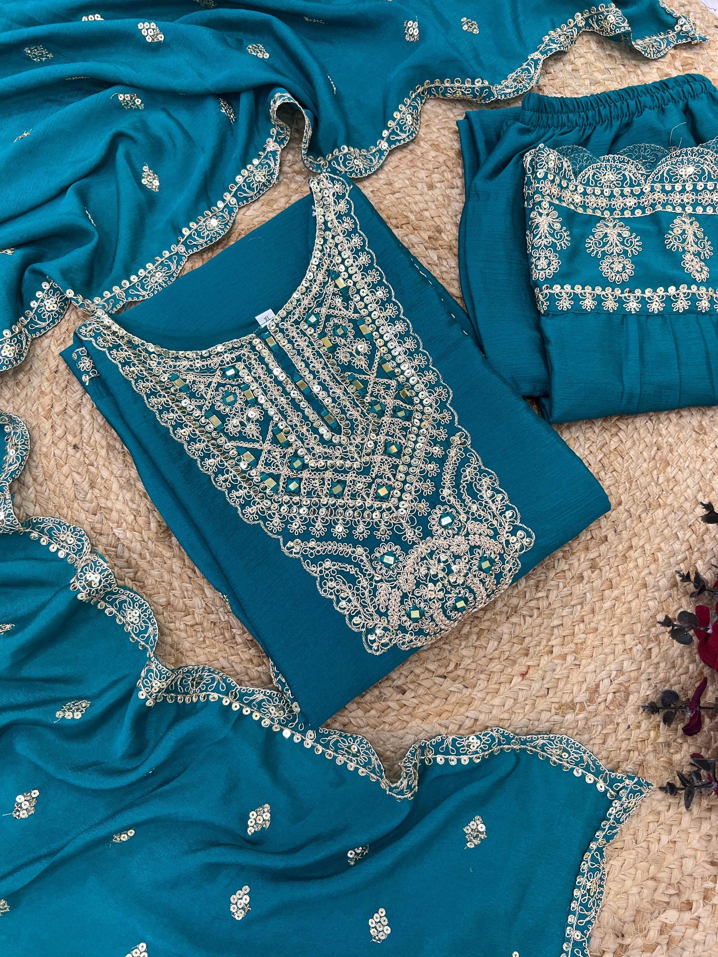 Chinon Silk Sequence Embroidery work Party Wear 3Pc Kurti Pant Dupatta Set (Stitched) - Premium from Ethenika.com - Just INR 3590! Shop now at Ethenika.com