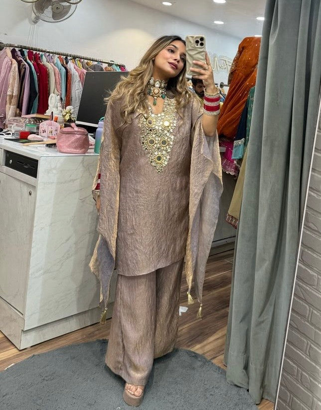 Fendi Silk Neck Read Mirror Work Embroidery DesignerKurti Palazzo Set (Ready to Wear)