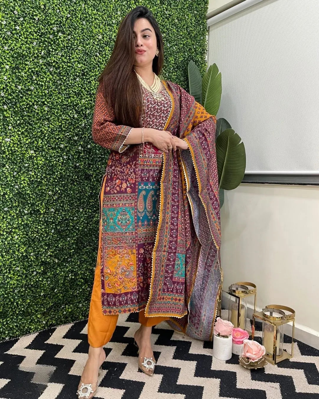 Muslin Real Mirror work Digital Print Party wear Kurti Pant Dupatta set - Premium from Ethenika.com - Just INR 2790! Shop now at Ethenika.com