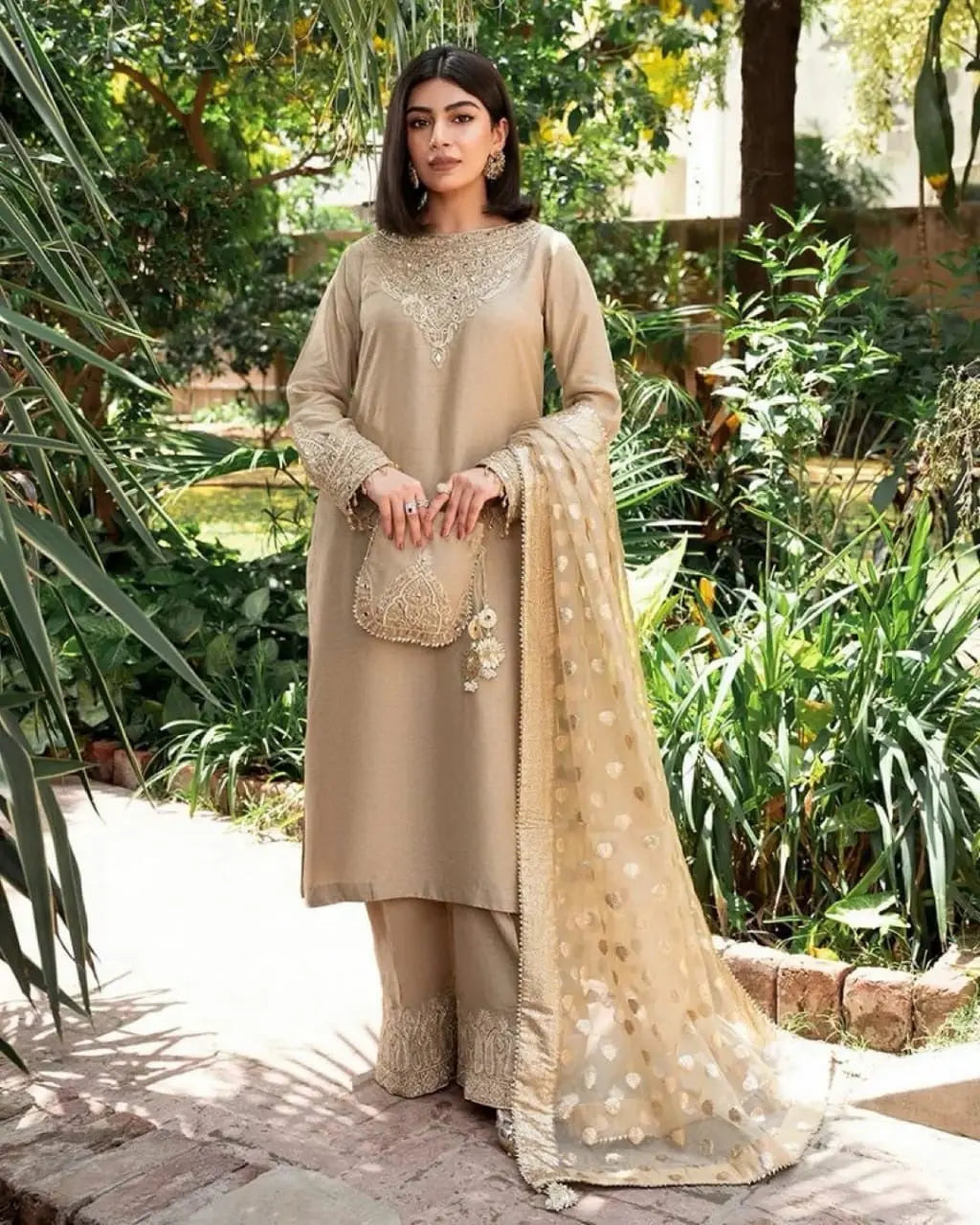 Georgette Zari Embroidery Stone neck work kurti Pant Dupatta Set - Premium from Ethenika.com - Just INR 2490! Shop now at Ethenika.com