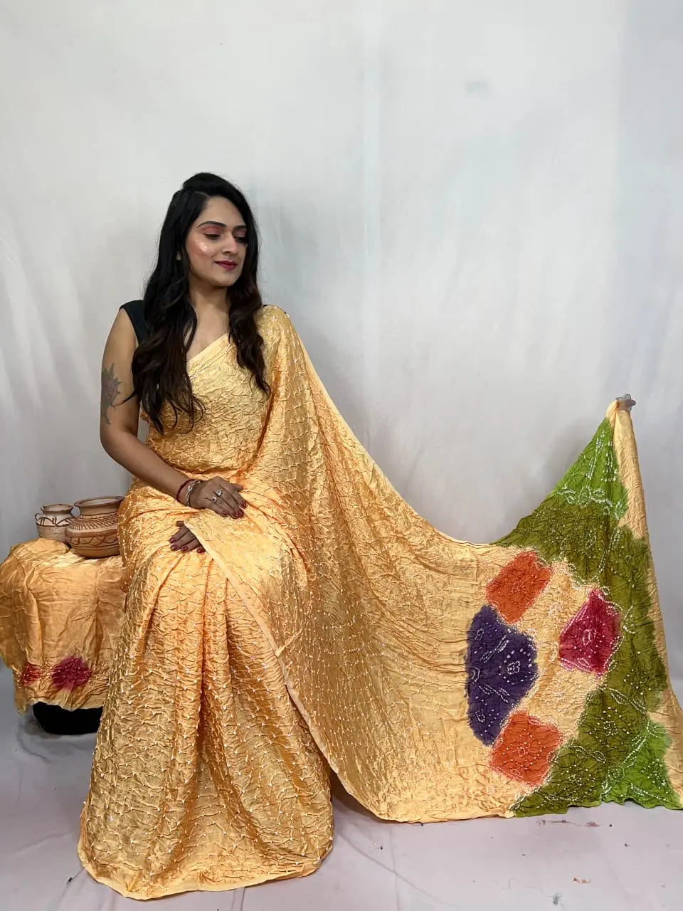 Pure Modal Silk Barik Bandhej Lagdi Pallu Bandhani Saree - Premium from Ethenika.com - Just INR 5990! Shop now at Ethenika.com