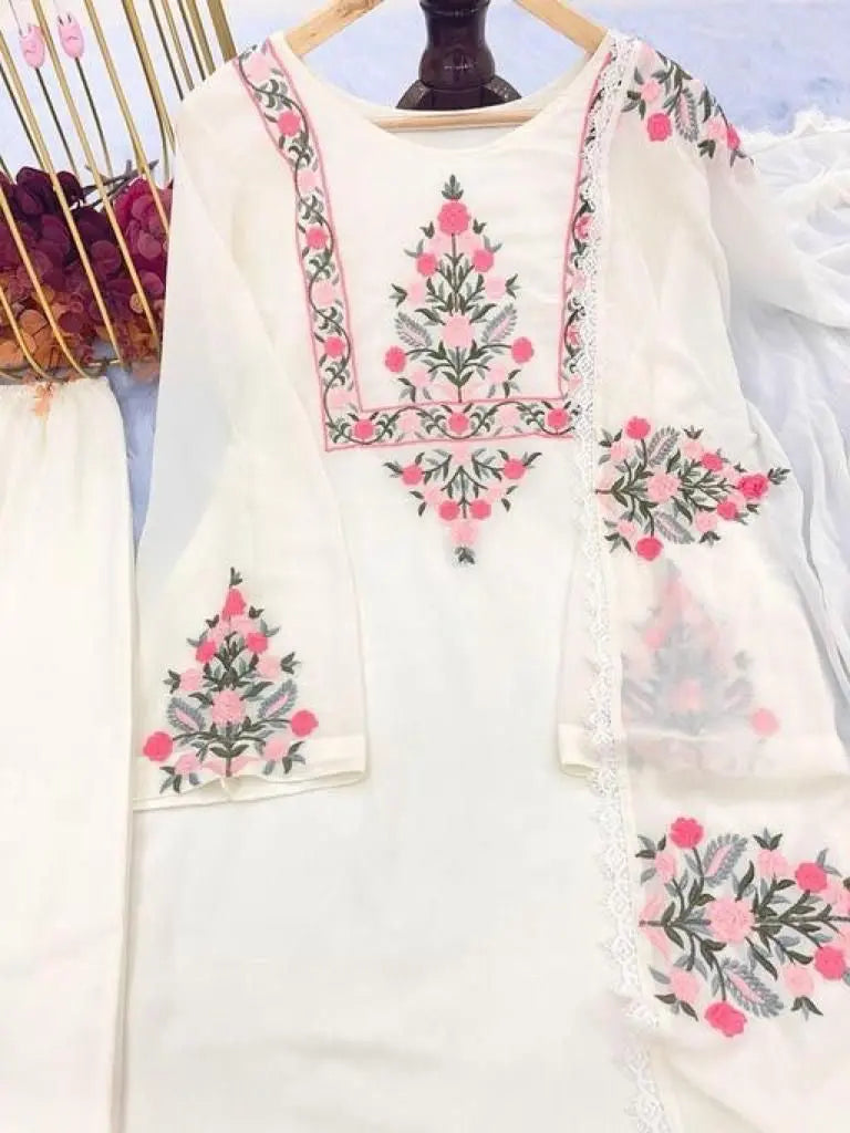 Georgette Embroidery work Kurti Pant Dupatta Set - Premium from Ethenika.com - Just INR 2190! Shop now at Ethenika.com
