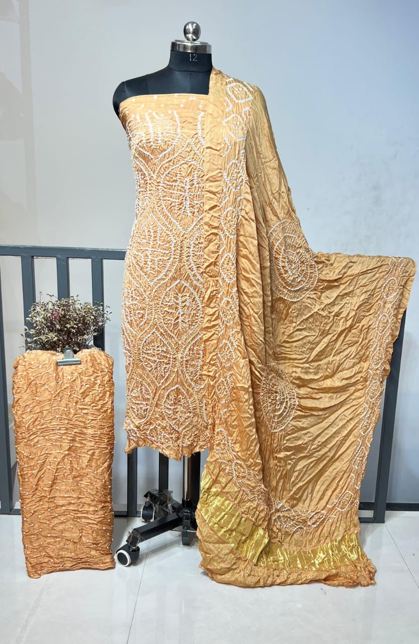 Modal Silk Original Kutch Hand Crafted Barik Bandhej Work Silk Bandhani Dress Material (Unstitched)