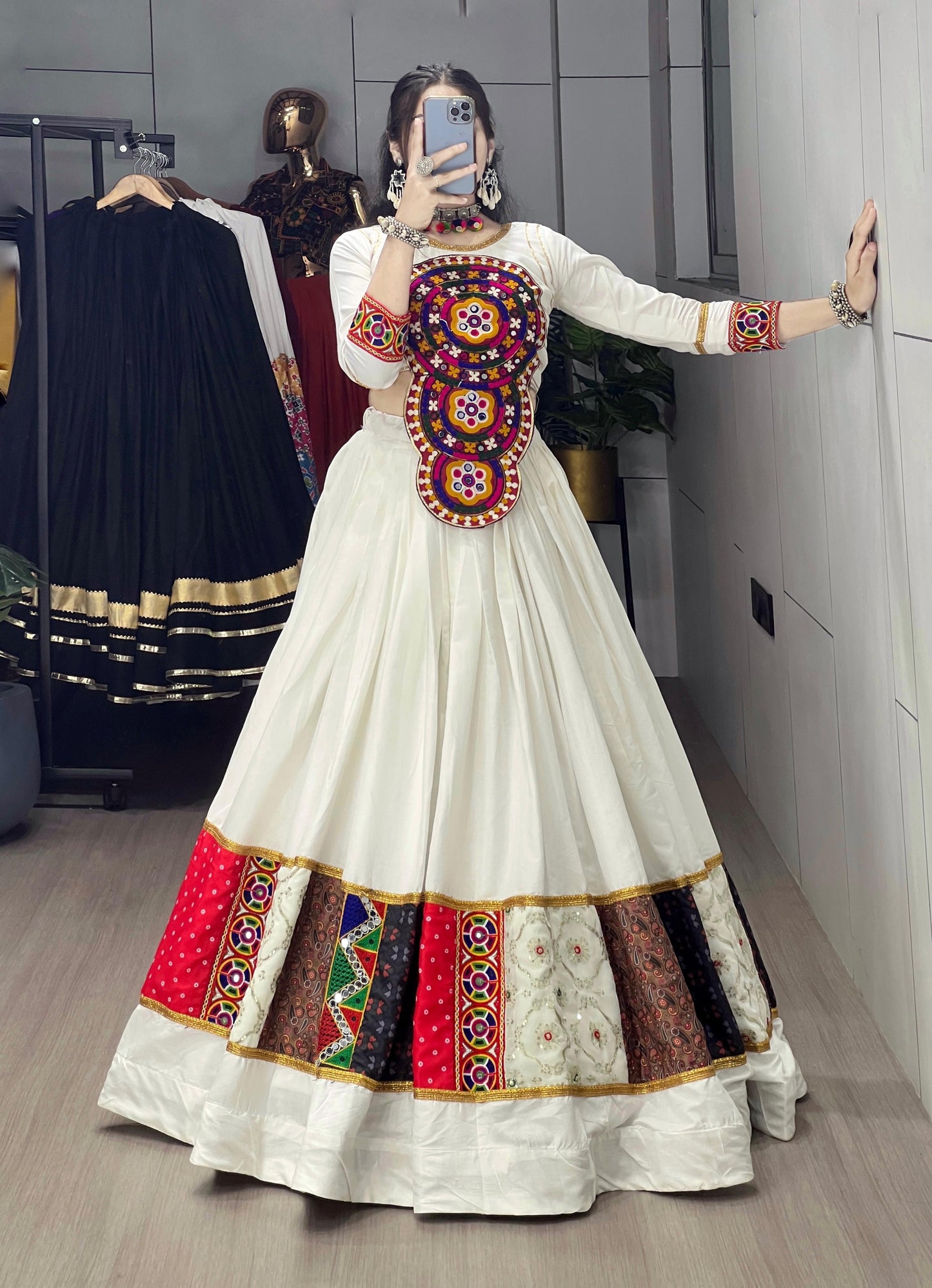 Rayon Kutchi Fancy Embroidery Mirror work White Concept Designer Chaniya Choli (Ready to Wear)