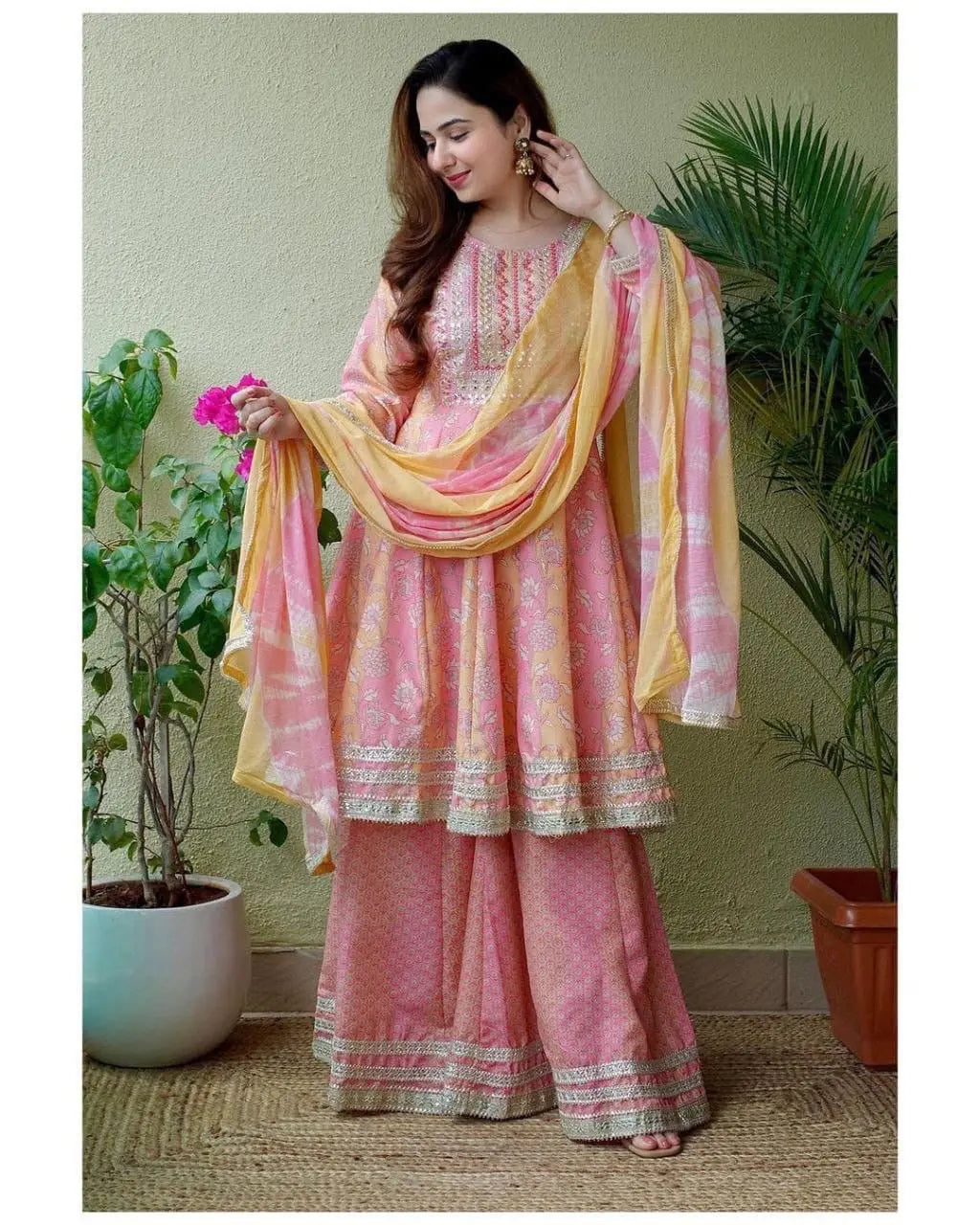Beautiful Digital print with Embroidery lace work Anarkali Kurti with Sharara Dupatta Set ( Stitched) - Premium from Ethenika.com - Just INR 2590! Shop now at Ethenika.com
