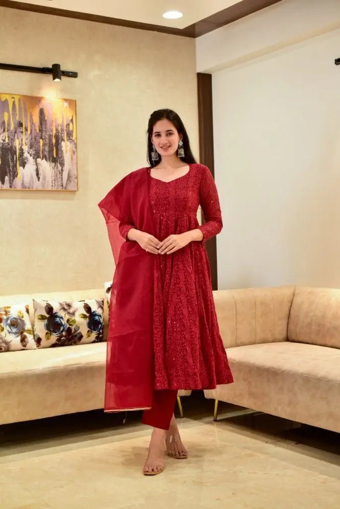 Georgette Chikankari Work Red Anarkali Dress - Premium  from Ethenika.com - Just INR 1990! Shop now at Ethenika.com